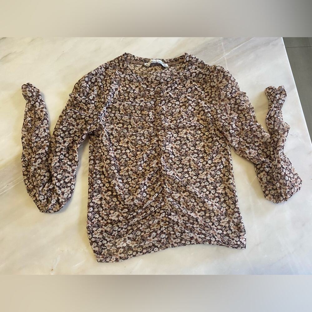 abercrombie and fitch brown sheer floral ruched Long Sleeve Women's Top sz XS